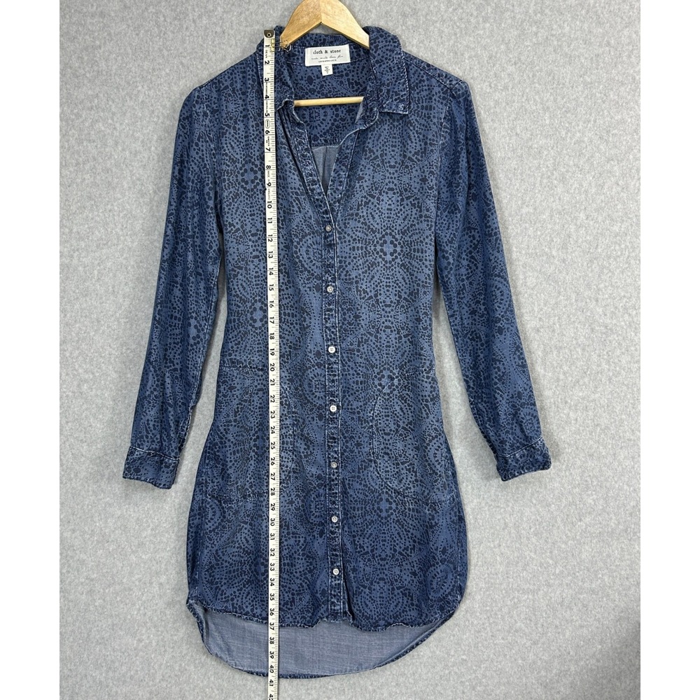 Cloth & Stone Anthro XS Shirt Dress Blue Medallion Tencel Button Down Tie Waist - Picture 8 of 14